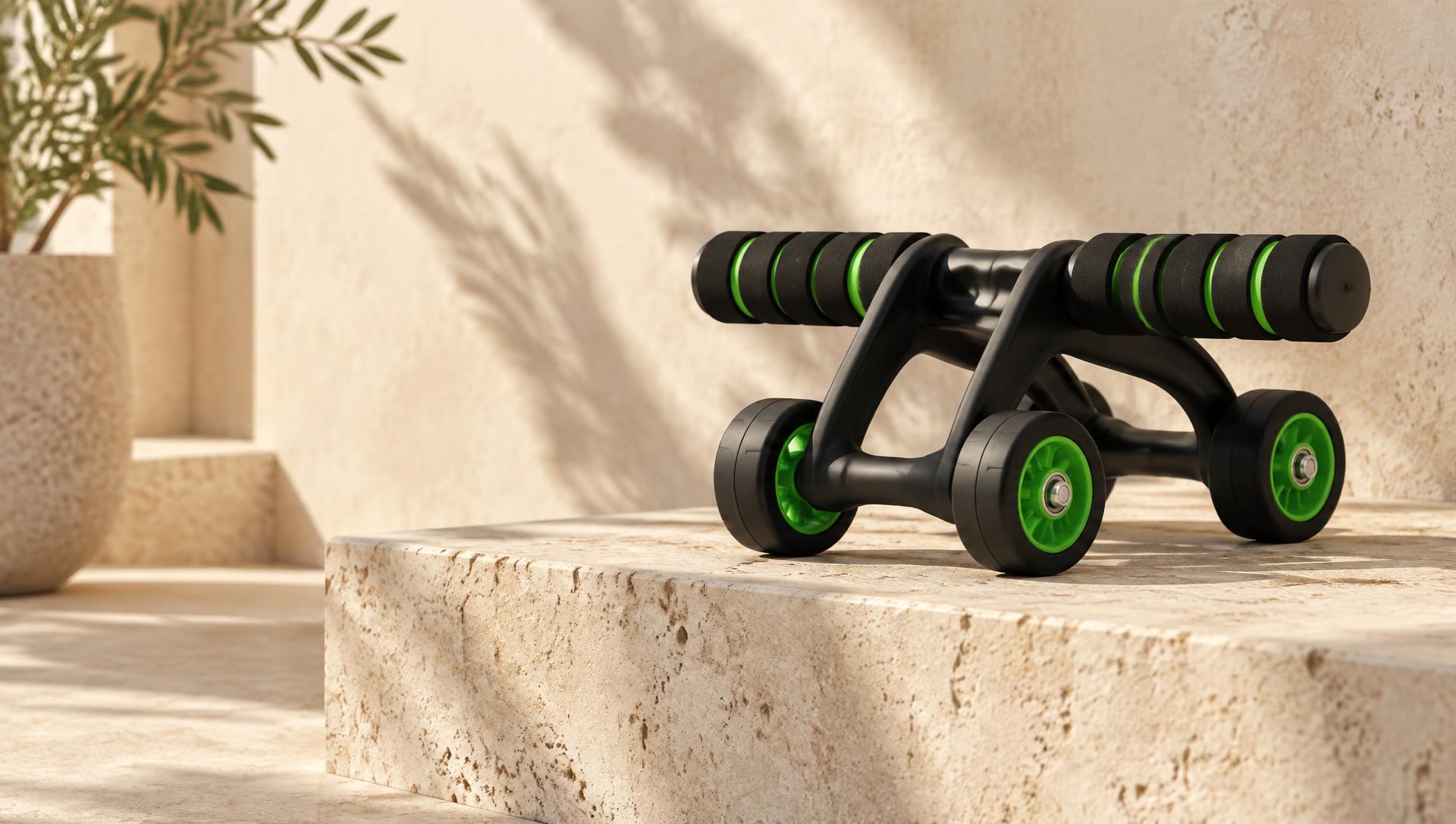 STABLE four-wheel ab roller with green wheels on travertine
