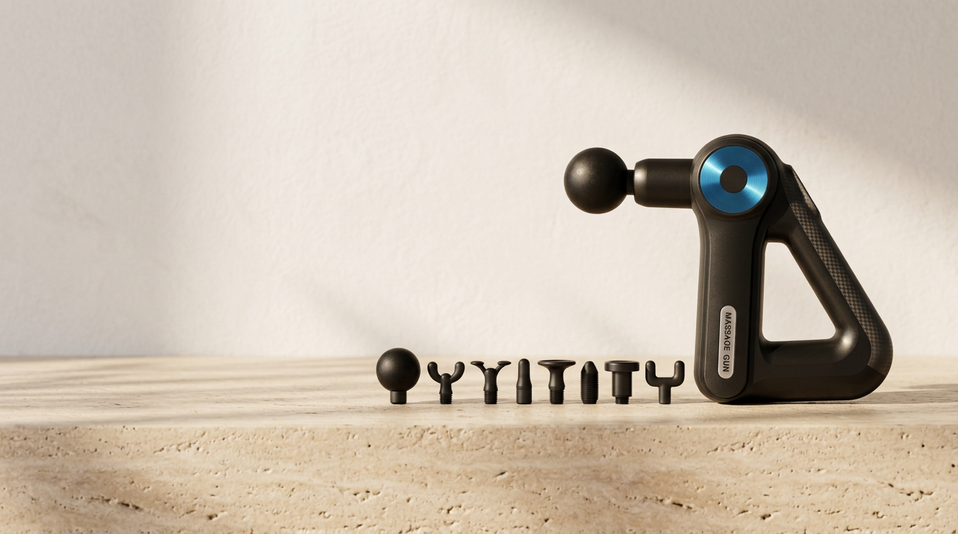 PULSE percussive massage gun with nine heads on travertine
