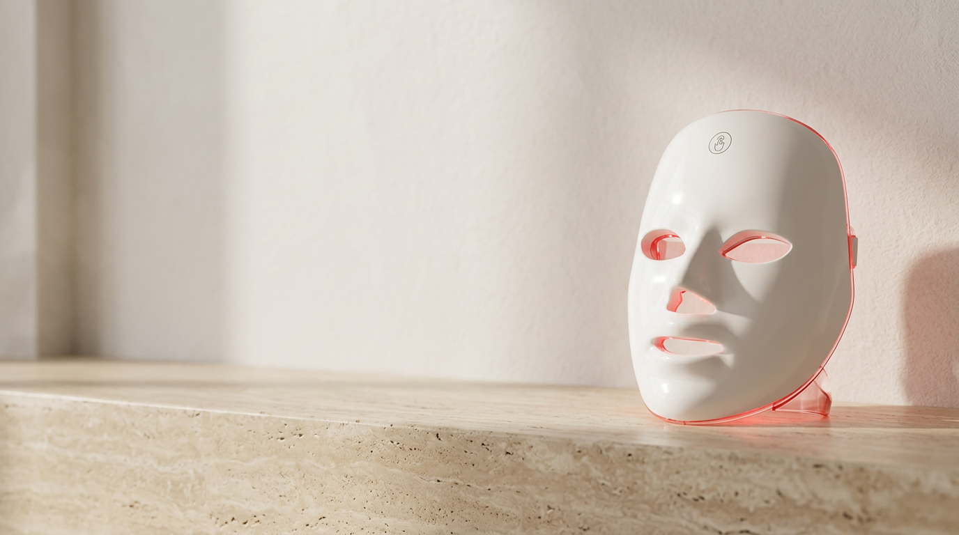 LUMA LED therapy mask on travertine