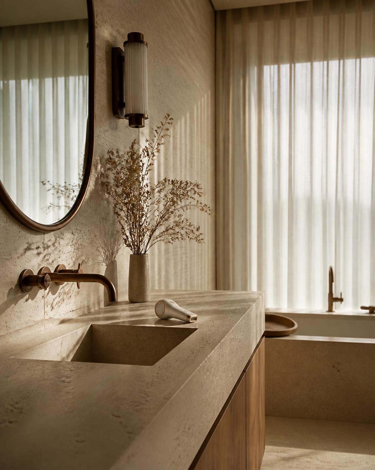 A LUXWELL routine laid out on a stone counter in morning light